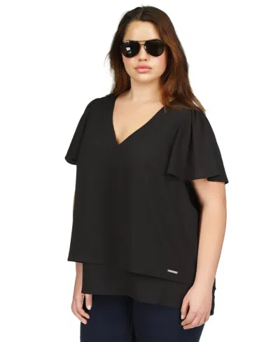 Shop Michael Kors Michael  Plus Size Flutter-sleeve Double-layer Top In Black