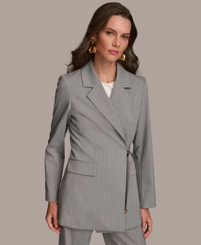 Shop Donna Karan Women's Pinstriped Tie-waist Blazer In Light Gray,white
