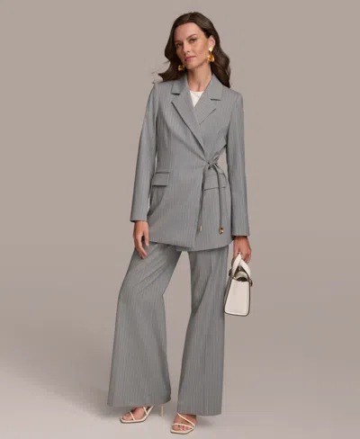 Shop Donna Karan Women's Pinstriped Tie-waist Blazer In Light Gray,white
