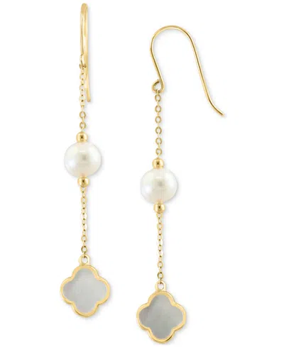 Shop Effy Collection Effy Freshwater Pearl & Mother-of-pearl Clover Linear Drop Earrings In 14k Gold In Yellow Gol