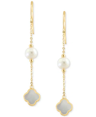 Shop Effy Collection Effy Freshwater Pearl & Mother-of-pearl Clover Linear Drop Earrings In 14k Gold In Yellow Gol