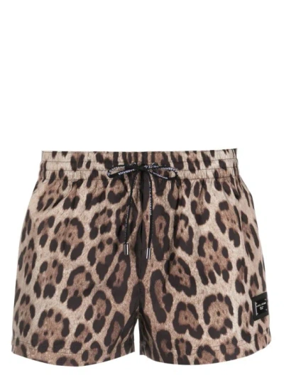 Dolce & Gabbana Short Swim Trunks With Leopard Print In Brown