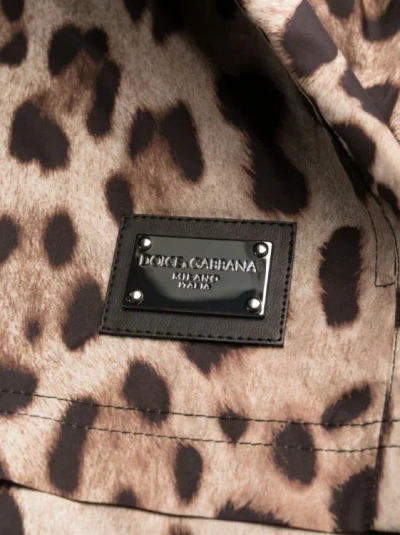 Dolce & Gabbana Short Swim Trunks With Leopard Print In Brown