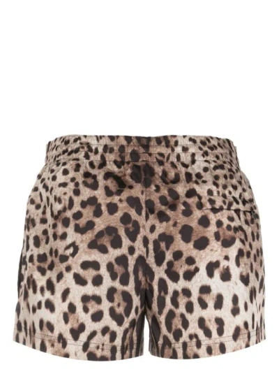 Dolce & Gabbana Short Swim Trunks With Leopard Print In Brown