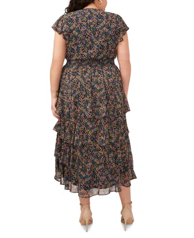 Shop Msk Plus Size Floral-print Flutter-sleeve Fit & Flare Dress In Navy Multi