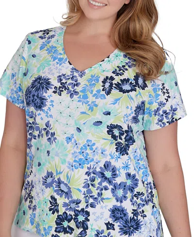 Shop Hearts Of Palm Plus Size Printed Essentials Short Sleeve Top In Navy Multi