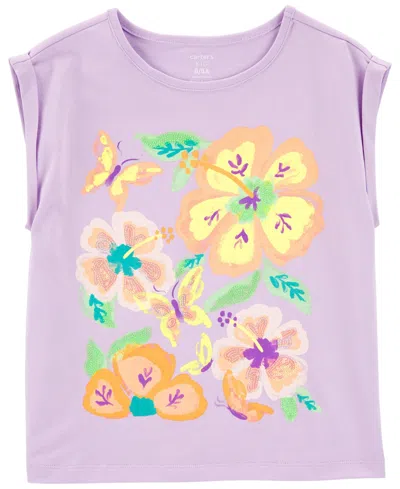 Shop Carter's Big Girls Floral Knit Tee In Purple