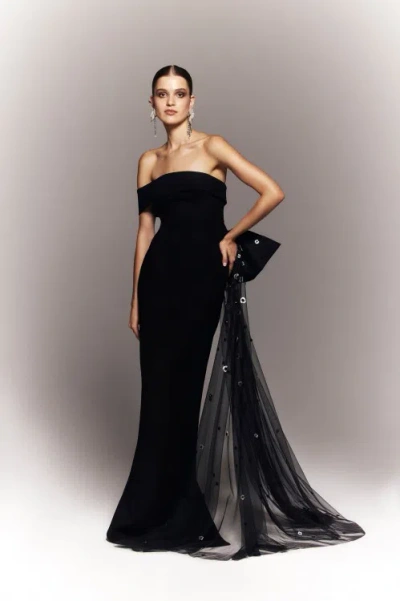Saiid Kobeisy Crepe Off-shoulder Dress With A Tulle Bow And Tail On The Back In Black