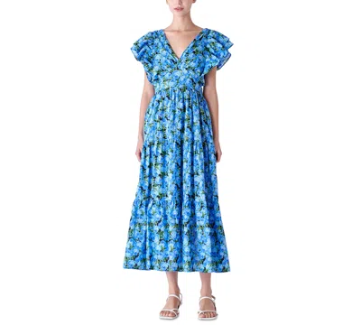 Shop English Factory Women's Floral-print Tiered Flutter-sleeve Dress In Blue