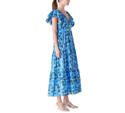 Shop English Factory Women's Floral-print Tiered Flutter-sleeve Dress In Blue