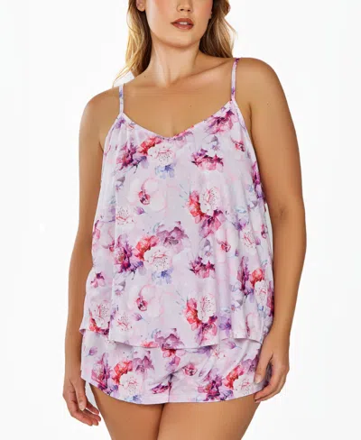 Shop Icollection Plus Size 2pc. Soft Floral Tank And Short Pajama Set In Purple