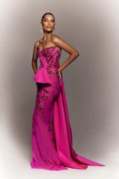 Saiid Kobeisy Strapless Beaded Gown With Taffeta Draping In Pink