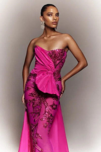 Saiid Kobeisy Strapless Beaded Gown With Taffeta Draping In Pink