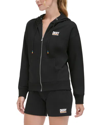 Shop Dkny Sport Women's Rainbow Pride Zip Front Hooded Sweatshirt In Black