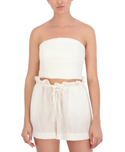 Shop Bcbg New York Women's Plisse Strapless Smocked Back Crop Top In Blanc