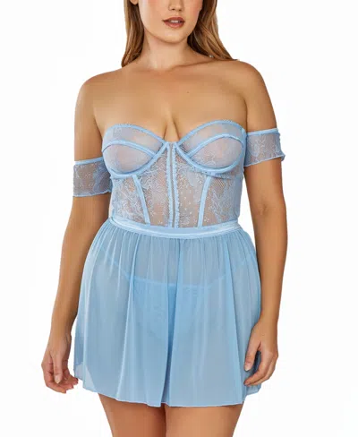 Shop Icollection Plus Size 2pc. Babydoll Lingerie Set Patterned In Soft Lace And Mesh In Light-blue