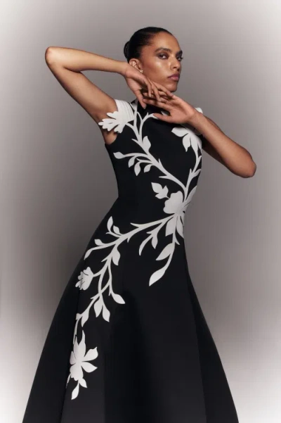 Shop Saiid Kobeisy Neoprene Dress With Floral  Embroidery In Black