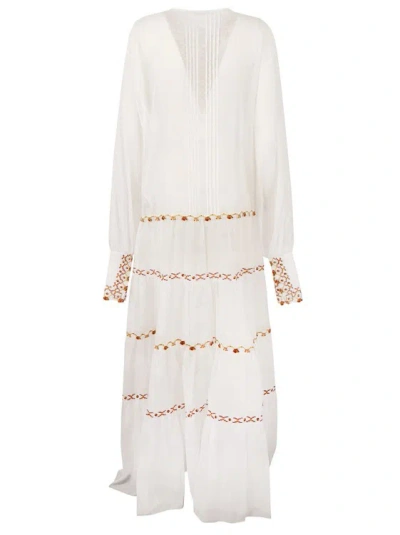 Shop Ermanno Scervino Long Muslin Dress With Ethnic Embroidery In White