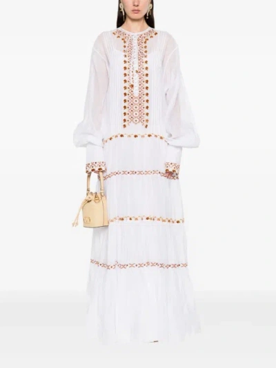 Shop Ermanno Scervino Long Muslin Dress With Ethnic Embroidery In White