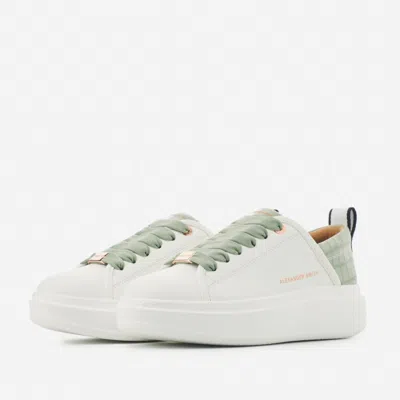 Shop Alexander Smith White Ecowembley Sneakers With Light Green Crocodile Print Spur And Green Laces