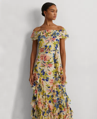 Shop Lauren Ralph Lauren Women's Ruffled Floral Off-the-shoulder Gown In Cream