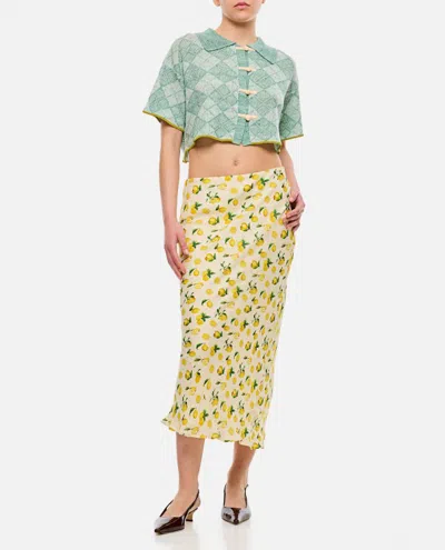 Yanyan Argyle Short Sleeve Linen Crop Cardigan In Green
