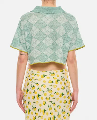Yanyan Argyle Short Sleeve Linen Crop Cardigan In Green