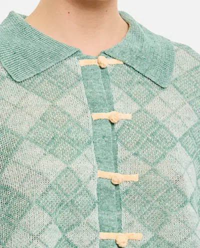 Yanyan Argyle Short Sleeve Linen Crop Cardigan In Green