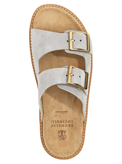 Shop Brunello Cucinelli Suede Buckle Sandals In Gray