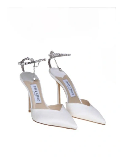 Jimmy Choo Slingback Saeda 100 In Satin With Applied Crystals In White