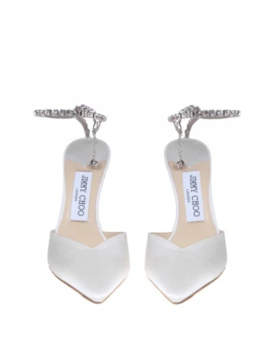 Jimmy Choo Slingback Saeda 100 In Satin With Applied Crystals In White