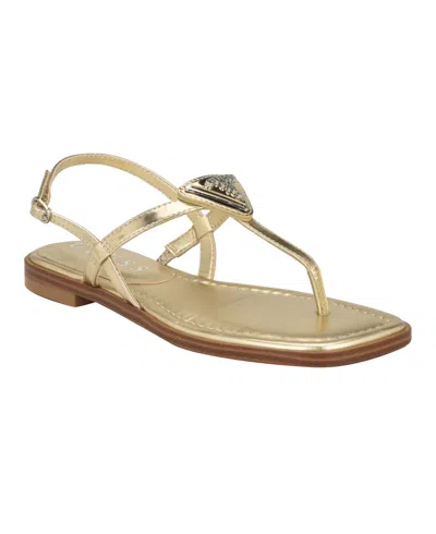 Shop Guess Women's Rainey Logo Sqaure Toe T-strap Flat Sandals In Gold