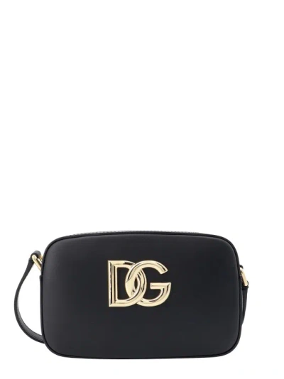 Shop Dolce & Gabbana Leather Shoulder Bag With Metal Monogram In Black