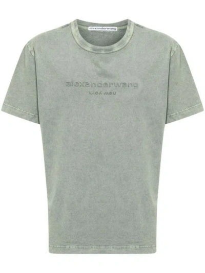 Shop Alexander Wang Smoke Green Logo-embossed Cotton T-shirt