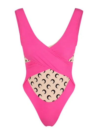 Shop Marine Serre Regenerated Jersey Draped One Piece Swimsuit In Pink