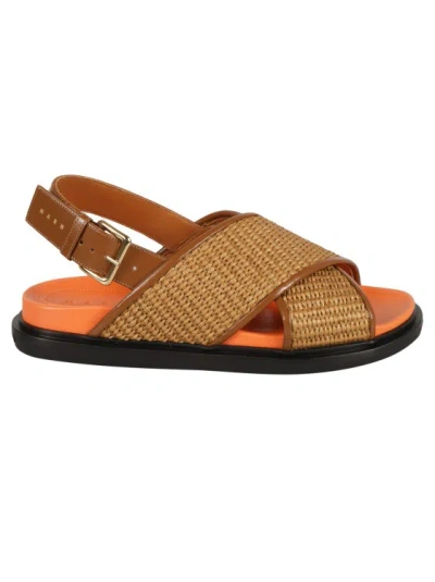 Shop Marni Calf Leather/cotton Blend Interwoven Sandals In Brown