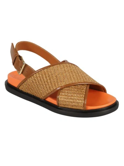 Shop Marni Calf Leather/cotton Blend Interwoven Sandals In Brown