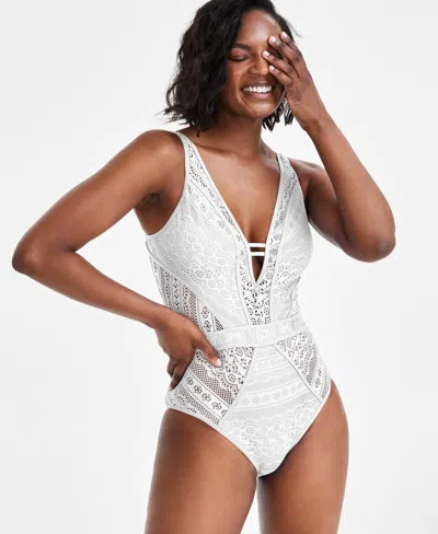 Shop Becca Women's Crochet Plunging One-piece Keyhole Swimsuit In White