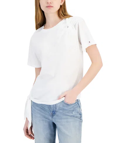 Shop Tommy Hilfiger Women's Side-tie Short-sleeve Top In White