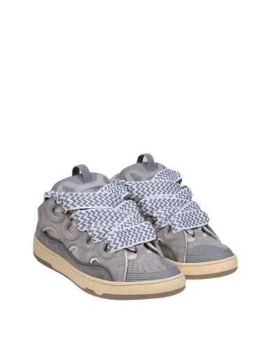 Shop Lanvin Curb Sneakers In Leather And Suede With Multicolored Laces In Grey