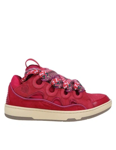 Shop Lanvin Curb Sneakers In Suede And Watermelon Color Fabric In Red