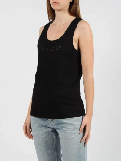Shop Moncler Embroidered Logo Ribbed Tank Top In Black