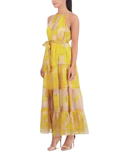 Shop Bcbg New York Women's Sleeveless Halter Tiered Maxi Dress In Yellow Combo Print