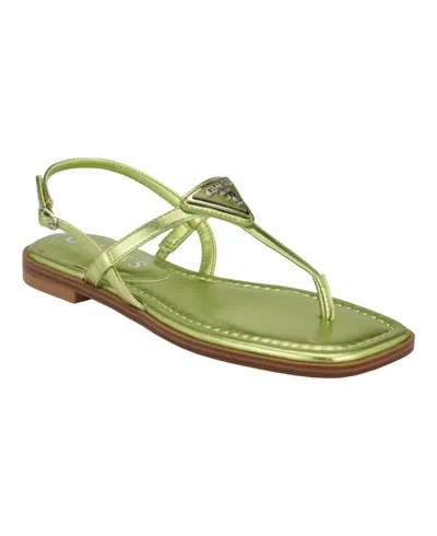 Shop Guess Women's Rainey Logo Sqaure Toe T-strap Flat Sandals In Md Green