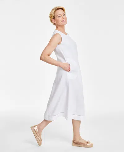 Shop Charter Club Women's 100% Linen Ladder-stitch Midi Dress, Created For Macy's In Bright White