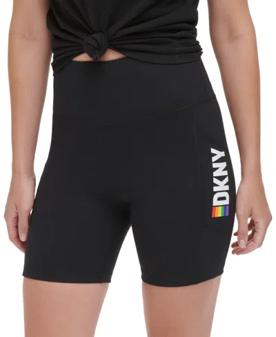 Shop Dkny Sport Women's Rainbow Pride High Rise Bike Shorts In Black