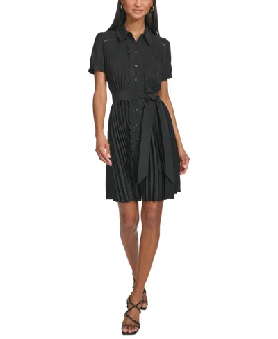 Shop Karl Lagerfeld Women's Pleated Lace-trim Mini Dress In Black