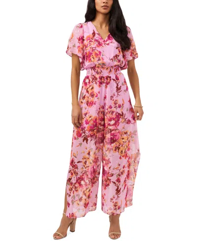 Shop Msk Petite V-neck Floral-print Chiffon Jumpsuit In Pink,orange,purple