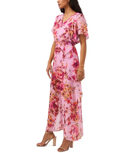 Shop Msk Petite V-neck Floral-print Chiffon Jumpsuit In Pink,orange,purple
