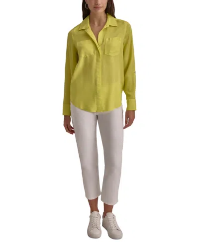 Shop Dkny Jeans Women's Roll-tab-sleeve Button-front Top In Fluro Yellow